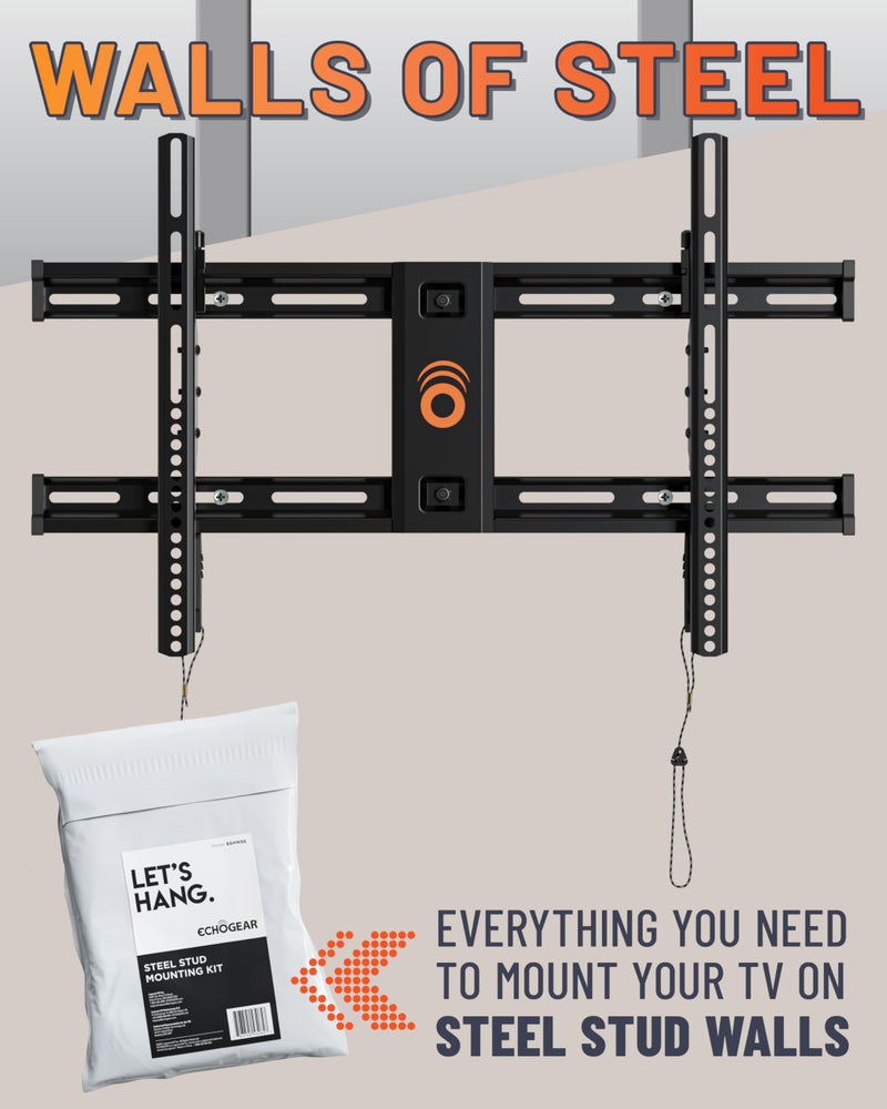 ECHOGEAR مجموعة تركيب تلفاز ECHOGEAR من الفولاذ للمثبتات الثابتة والمائلة - تثبيت آمن للتلفزيونات حتى 175 رطل على جدران الفولاذ - تشمل مثبتات Snaptoggle المعتمدة من UL، مثقاب، براغي وغسالات - Image 4